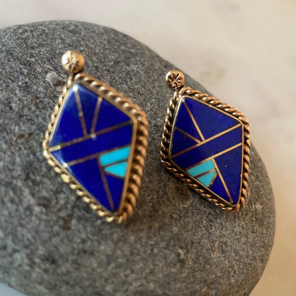 Vintage 14K Gold Lapis Turquoise Native American Earrings - Picture 6 of 16